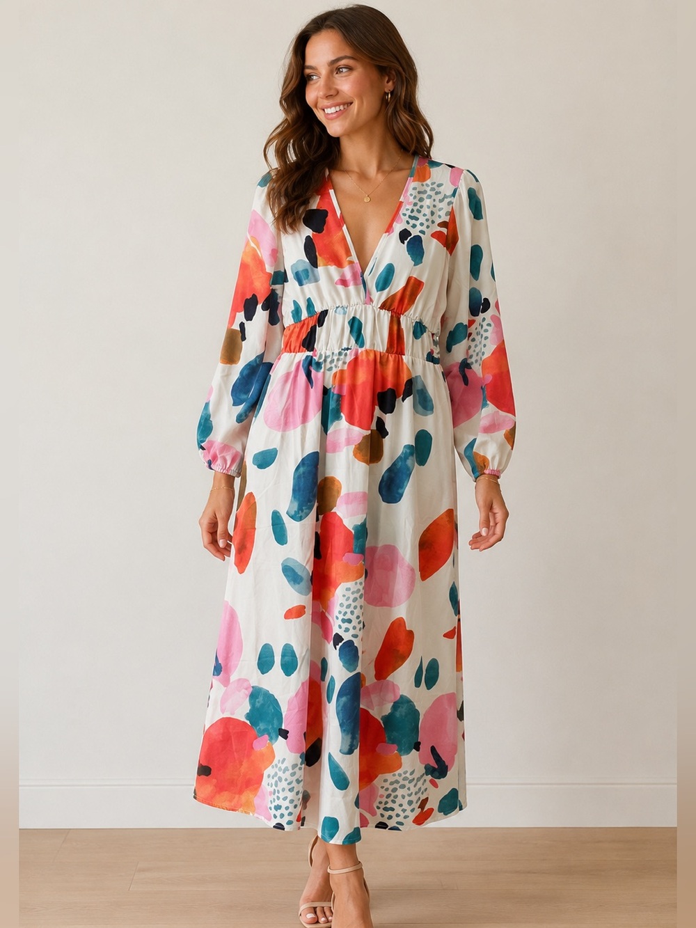 Colorful Abstract Print V-Neck Long Maxi Dress Babydoll Whimsical Size Medium
